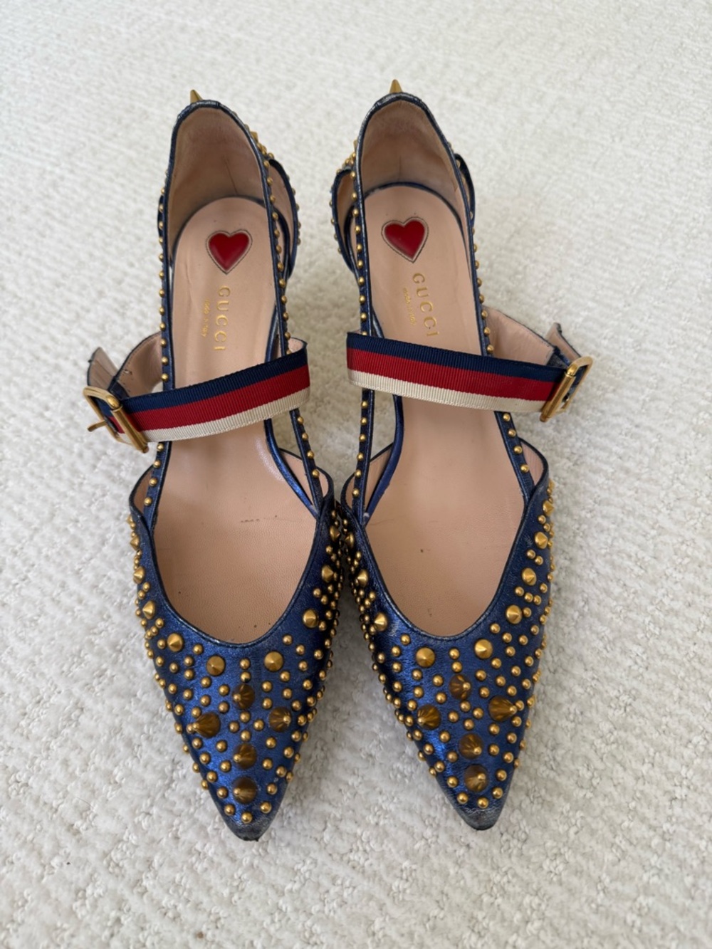 Gucci Resortwear Runway Pointed Mary Jane Kitten Heels with Gold Studs